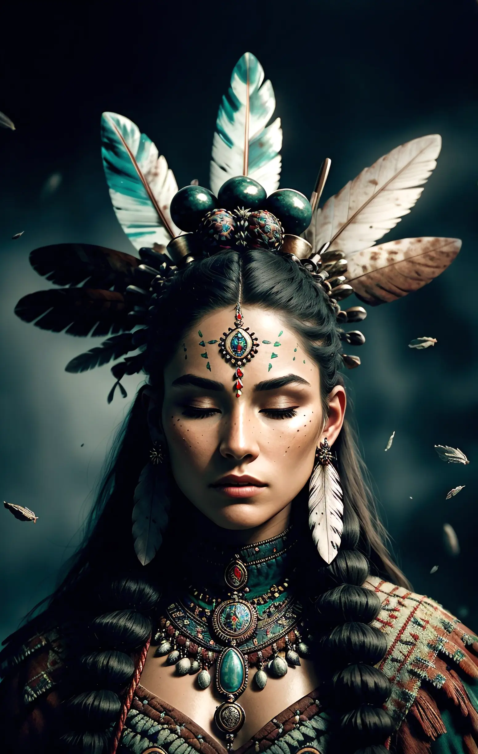 (full portrait), (half shot), solo, detailed background, detailed face, (stonepunkAI, stone theme:1.1), wise, (female), (native american), (beautiful hair, braids:0.2), shaman, septum piercing, mystical, (gorgeous face), head tilted upwards, (eyes closed, serene expression), calm, meditating, Seafoam Green frayed clothes, prayer beads, tribal jewelry, feathers in hair, jade, obsidian, detailed clothing, realistic skin texture, (floating particles, water swirling, embers, ritual, whirlwind, wind:1.2), sharp focus, volumetric lighting, good highlights, good shading, subsurface scattering, intricate, highly detailed, ((cinematic)), dramatic, (highest quality, award winning, masterpiece:1.5), (photorealistic:1.5), (intricate symmetrical warpaint),  