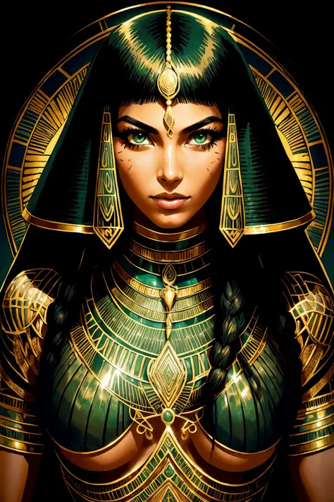 1 adult Egyptian woman, green eyes, black hair flaps, portrait, solo, upper body, looking at viewer, detailed background, detail...