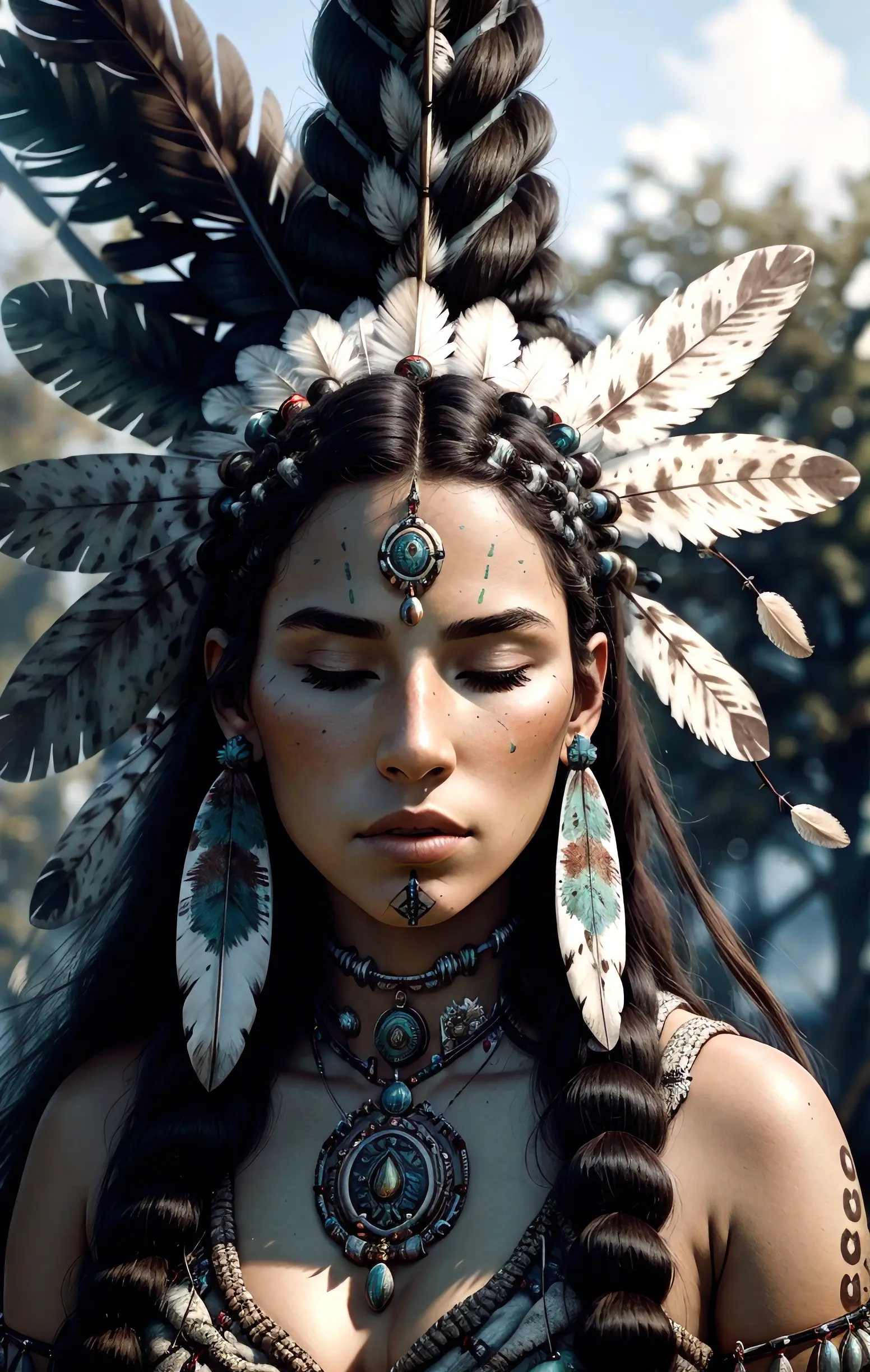 (full portrait), (half shot), solo, detailed background, detailed face, (stonepunkAI, stone theme:1.1), wise, (female), (native american), (beautiful hair, braids:0.2), shaman, (septum piercing), mystical, (gorgeous face, perfect qcd_face:0.3), stunning, head tilted upwards, (eyes closed, serene expression), calm, meditating, Seafoam Green frayed clothes, prayer beads, tribal jewelry, feathers in hair, headdress:0.33, jade, obsidian, detailed clothing, cleavage, realistic skin texture, (floating particles, water swirling, embers, ritual, whirlwind, wind:1.2), sharp focus, volumetric lighting, good highlights, good shading, subsurface scattering, intricate, highly detailed, ((cinematic)), dramatic, (highest quality, award winning, masterpiece:1.5), (photorealistic:1.5), (intricate symmetrical warpaint:0.5),  