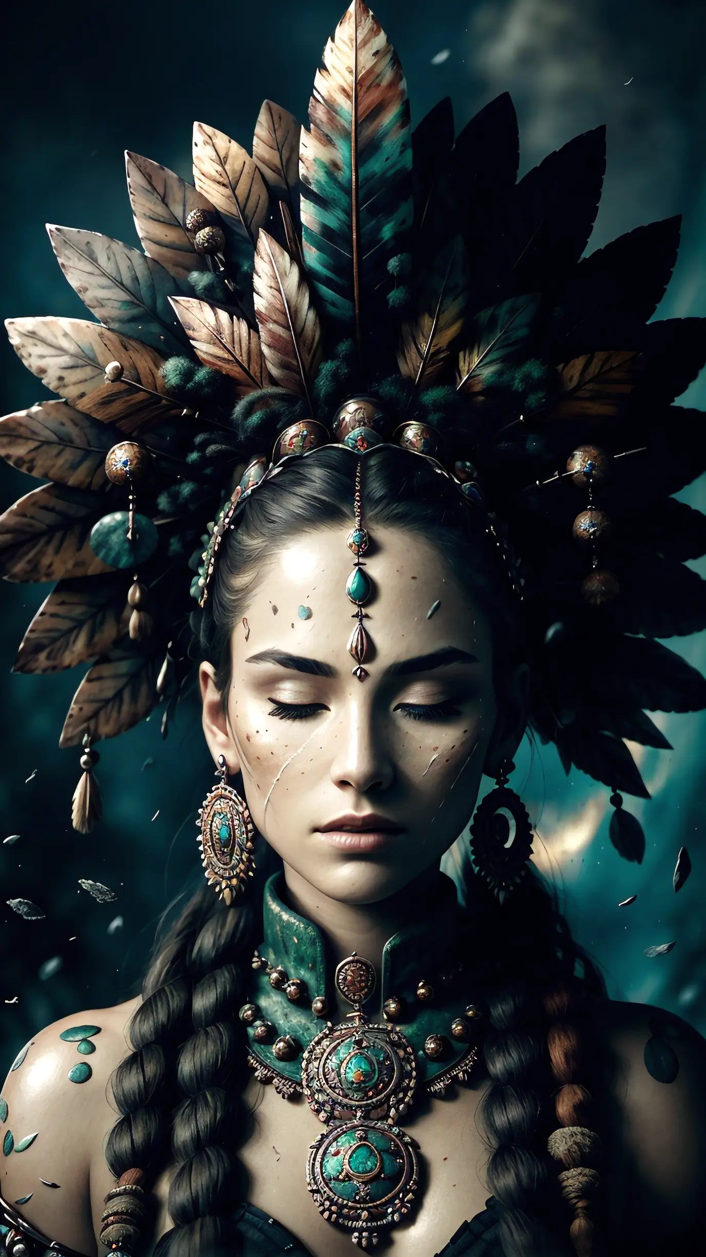 (full portrait), (half shot), solo, detailed background, detailed face, (stonepunkAI, stone theme:1.1), wise, (female), shaman, mystical, (gorgeous face), head tilted upwards, (eyes closed, serene expression), calm, meditating, Seafoam Green frayed clothes, prayer beads, tribal jewelry, feathers, jade, obsidian, detailed clothing, realistic skin texture, (floating particles, water swirling, embers, ritual, whirlwind, wind), foreboding atmosphere, sharp focus, volumetric lighting, good highlights, good shading, subsurface scattering, intricate, highly detailed, ((cinematic)), dramatic, (highest quality, award winning, masterpiece:1.5), intricate symmetrical warpaint,  