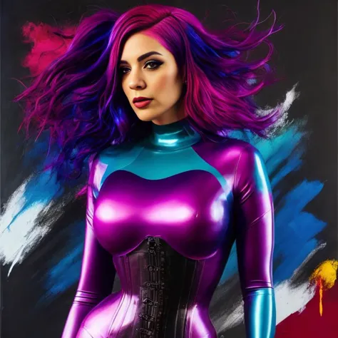 a woman in a purple and blue latex outfit posing for a picture