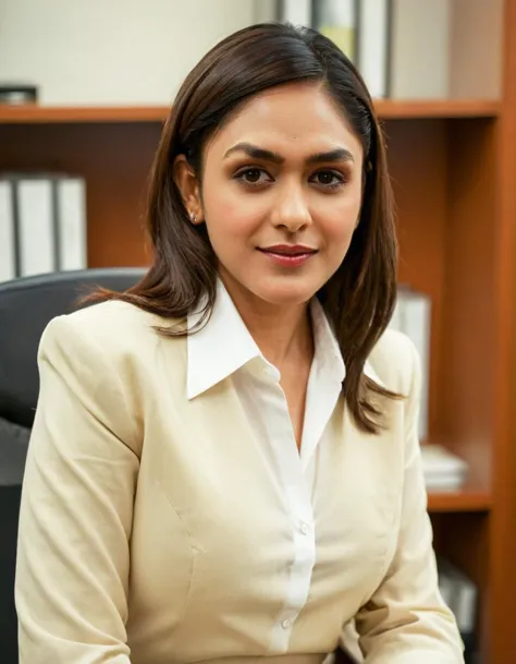 a close up of a woman sitting in a chair in an office