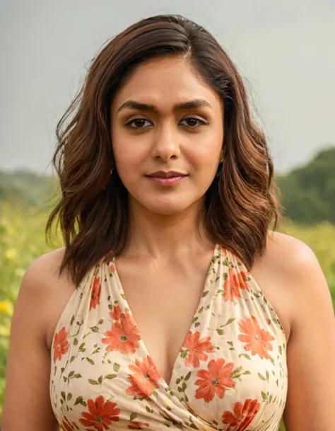 anusha in a floral dress posing for a picture