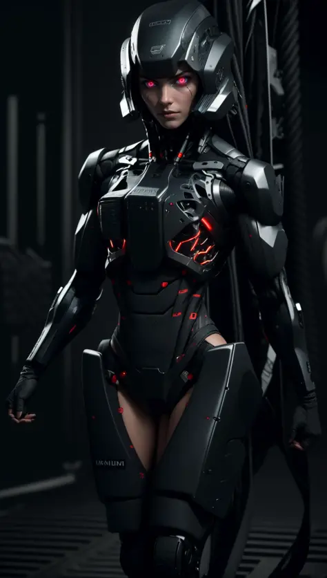 robot,anatomically perfect woman,carbon fiber,tactical, black metal, wiring,glowing eyes,artificial muscle,exposed machinery,LED lights,<lora:GR-NAI-128-64:0.9>