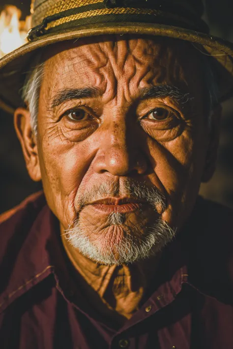 a close up of a man wearing a hat with a fire in the background