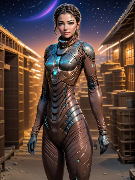 a close up of a woman in a futuristic suit standing in a warehouse