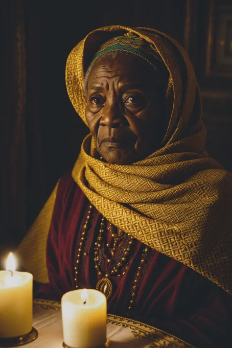 an old woman sitting at a table with candles in front of her