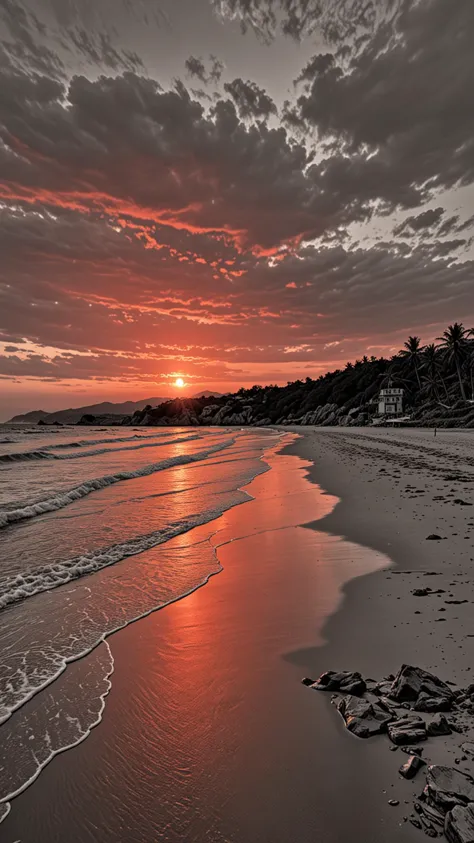 arafed view of a beach with a sunset and waves