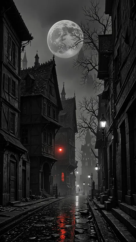 The city of yharnam, oil painting, Red moon, realistic, extreme detail, scary, terrifying, dark and warm environment, 8k, Epic, ...