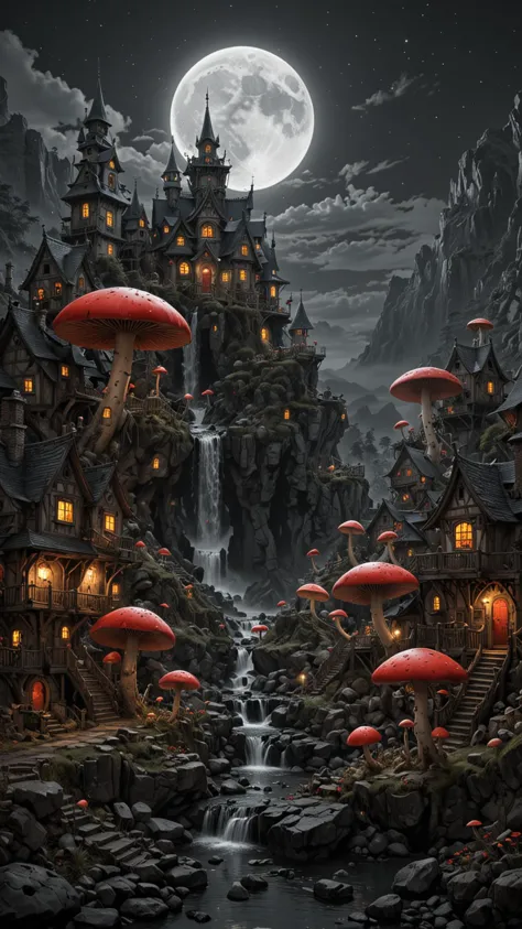 Huge Mushroom Village, houses, in night, Red Moon, Large waterfall, magnificent, celestial, ethereal, painterly, epic, majestic, magical, fantasy art, cover art, dreamy, insanely detailed and intricate, hyper maximalist, elegant, hyper realistic, super detailed, vivid colours, ornate, dynamic, articulate, 8K, <lora:3D_Framed_Wall_Art_-_By_DICE:0.8>, (Framed 3D), EPIC, high budget Hollywood movie, volumetric, Painstaking Attention To Detail, UHD <lora:Black__White_One_Accent_Color_-_By_Dice:1>, (Black and white image, Red Accent)