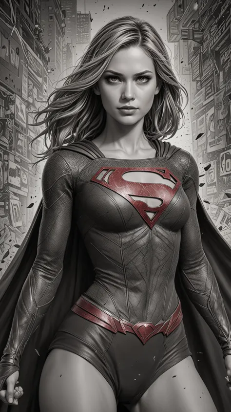 Ein fantastisches Kunstprojekt von Supergirl, (scharf), (detaillierte Klingen), (HDR), (8K), (beste Qualität), (beste Auflösung), maximalist, (Meisterwerk), grobe Linien, mit Bleistift und Tinte, Schraffur, sorgfältige Liebe zum Detail, (Schwarz-Weiß-Bild, roter Akzent)