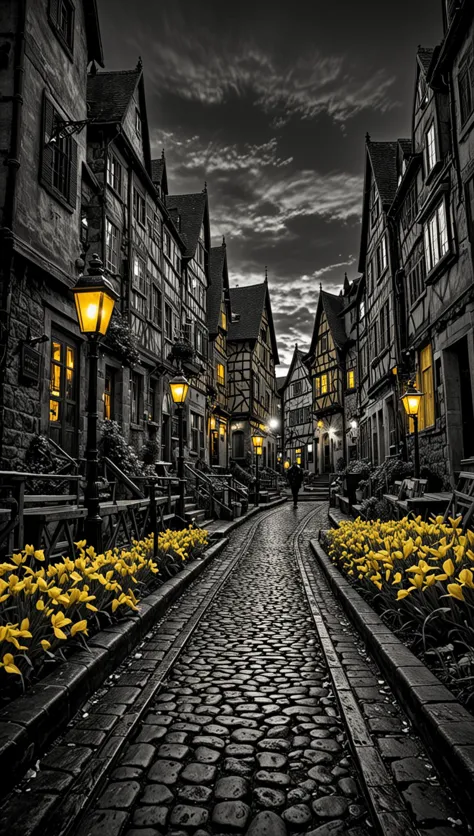 a close up of a cobblestone street with a row of buildings