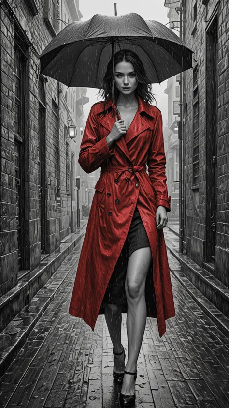 arafed woman in red trench coat walking down a street holding an umbrella