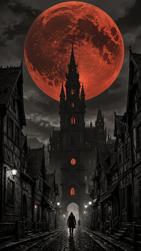 The city of yharnam, oil painting, Red moon, realistic, extreme detail, scary, terrifying, dark and warm environment, 8k, Epic, ...