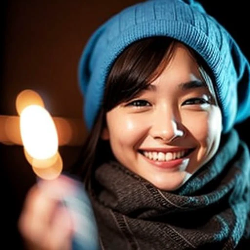 a woman with a scarf on smiling at the camera in a dark room with a light on