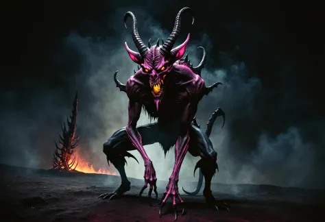 imp, mythical slender gaunt demonic cunning malevolent demon,visible spine, no belly, horns,pointed tail, dark earth toned yello...