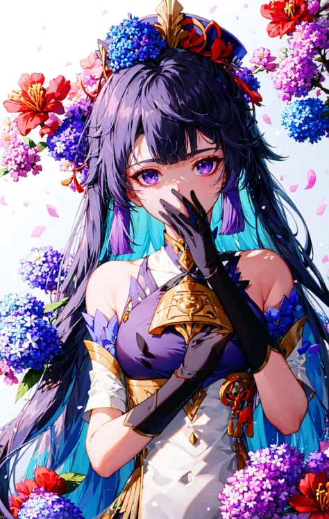 1girl, blue_hair,  bangs, bare_shoulders, black_gloves, blue_flower, bow, breasts, camellia, covering_mouth, daisy, eyebrows_vis...