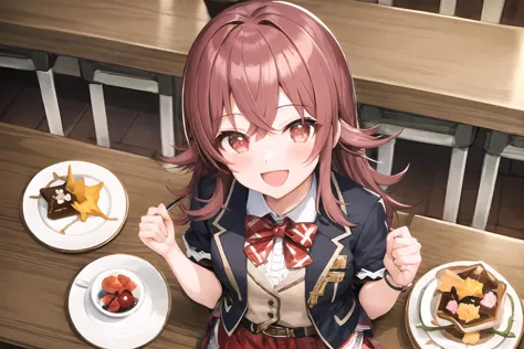 komiya kaho, 1girl, solo, skirt, bow, jacket, belt, bowtie, red hair, bangs, layered skirt, short sleeves, frilled skirt, red eyes, dessert, sweets, (donut:1.1), buffet, plate, from above, :d; sparkling eyes, happy, restaurant, luxurious wooden table <lyco:komiya kaho_Loha:0.7>, <lora:FoodAssets-15:0.85>