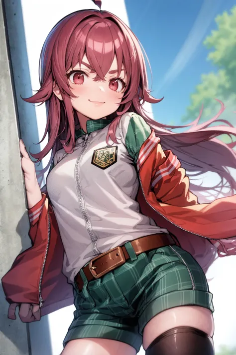 <lora:komiya kaho_Loha:0.7>, komiya kaho, 1girl, solo, jacket, red eyes, shorts, smile, long hair, shirt, red hair, thighhighs, single thighhigh, v-shaped eyebrows, belt, green shorts, red jacket, bangs, open jacket, letterman jacket, black thighhighs, ahoge, plaid, short sleeves, bow, >:), grey shirt, open clothes, hair between eyes