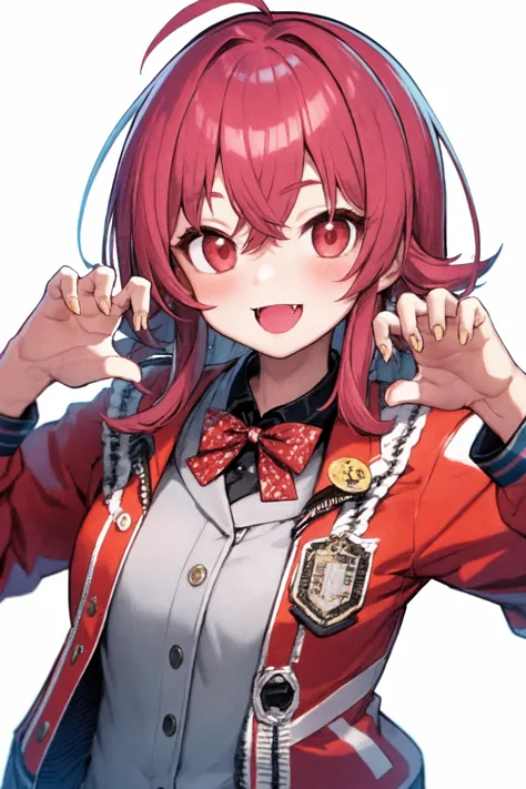 <lora:komiya kaho_Loha:0.7>, komiya kaho, 1girl, solo, looking at viewer, red hair, jacket, claw pose, blush, smile, bangs, shirt, red jacket, white background, simple background, open mouth, long sleeves, grey shirt, crossed bangs, red eyes, long hair, fang, upper body, ribbon, hair between eyes, skirt, ahoge, buttons