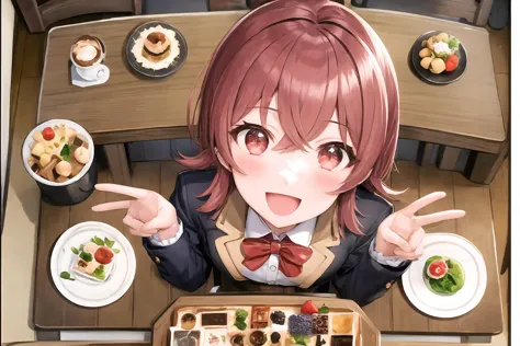 komiya kaho, 1girl, solo, skirt, bow, jacket, belt, bowtie, red hair, bangs, layered skirt, short sleeves, frilled skirt, red eyes, dessert, sweets, (donut:1.1), buffet, plate, from above, :d; sparkling eyes, happy, restaurant, luxurious wooden table <lyco:komiya kaho_Loha:0.7>, <lora:FoodAssets-15:0.85>