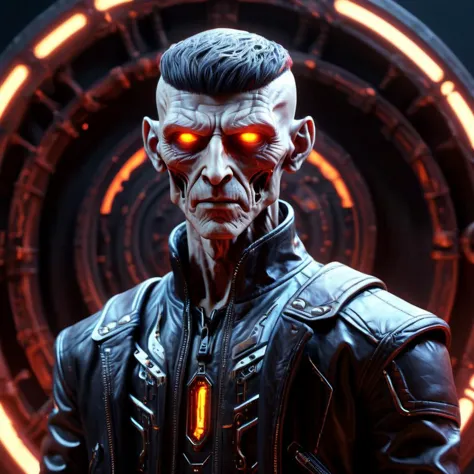 a close up of a man in a leather jacket with glowing eyes