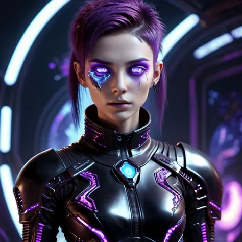 a woman in a futuristic suit with purple lights on her face