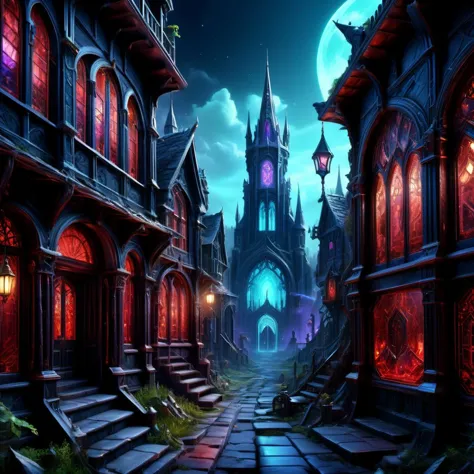 a dark alley with a castle and a clock tower at night