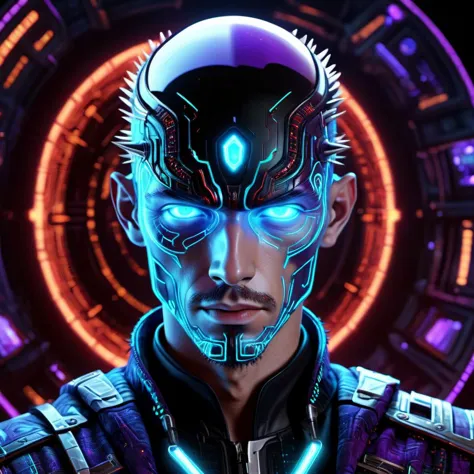 ((best quality)), ((masterpiece)), ((realistic,digital art)), (hyper detailed), DonM5yn1hXL male Time-travel law enforcement officer, Quantum entities- Fluid, fractal-like beings embodying superposition and quantum uncertainty., Young adult Voluptuous, Maori, Light blue eyes, Downturned Ears, Narrow Nose,  Unique Jaw, Smooth Cheeks, Prominent Forehead,    , Brown Spiky textured hair hair, Amusement,, Assumed position for advanced hand-to-hand combat.,  wearing Fair Isle  Flannel Electroluminescent Cropped Trousers, Tie-dye  RoyalPurple  Lurex Electromesh Track Jacket, , , Quantum-linked Wristband  and, Showing off futuristic clothing or wearable technology., Futuristic Interiors, Galactic Space Battles, Massive space stations and capital ships in combat, scifi, tech, futuristic, 8K, HDR  <lora:DonM5yn1hXL-000014:1>