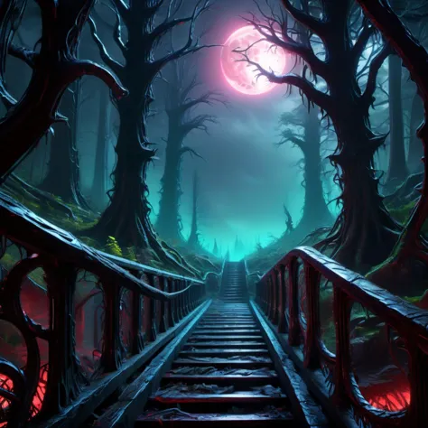 a dark forest with stairs leading to a full moon