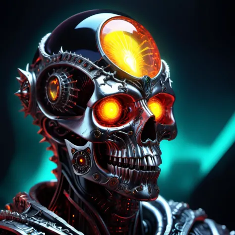 a close up of a robot with glowing eyes and a skull head