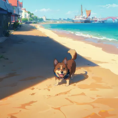 (cel_shading),
a dog is playing at beach beside the harbor,
masterpiece,best quality,