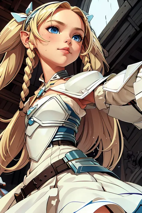 a close up of a woman with long blonde hair and a sword