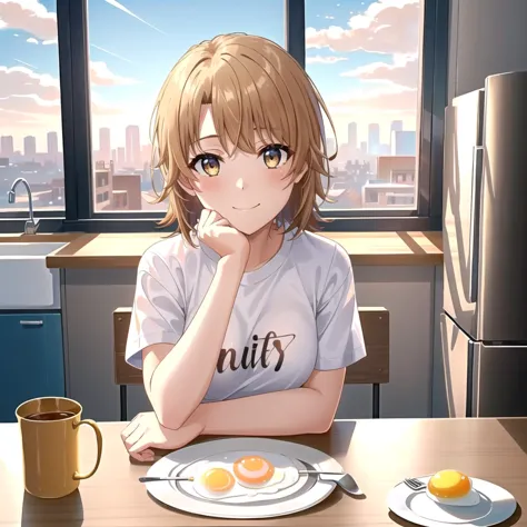 anime girl sitting at a table with a plate of food and a cup of coffee