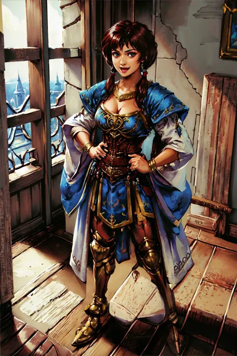 a woman in a blue dress and gold armor standing in a room