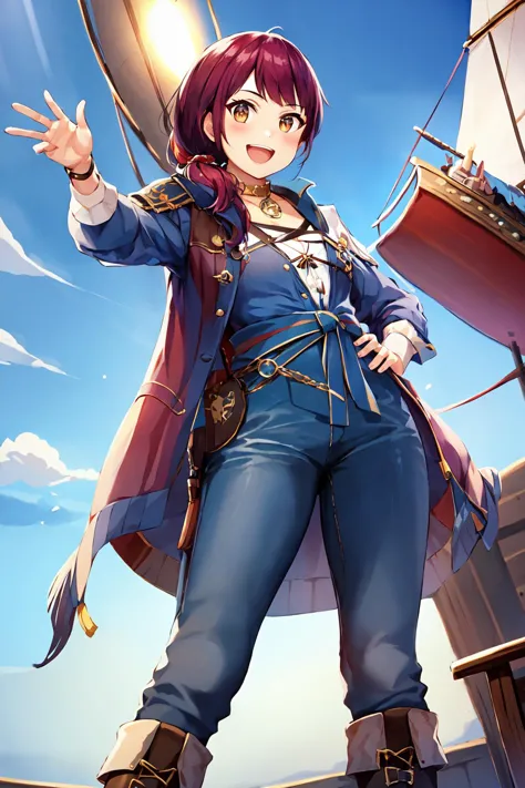 a woman in a blue outfit standing on a ship with a sword