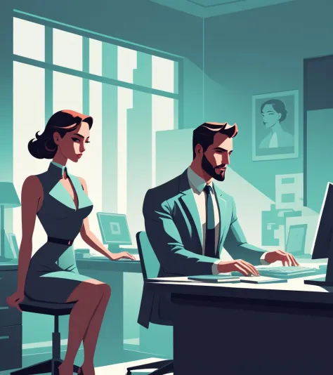 Konzeptkunst im Stil von James Gilleard, ein Mann und eine Frau sitzen an einem Schreibtisch, im Stil von James Gillard, digitale Illustration -, atey ghailan 8 k, stilisierte digitale Illustration, flache Abbildung, im Stil von Atey Ghailan, detaillierte 2D-Abbildung, James Gillard-Kunstwerk, von Atey Ghailan, von James Gillard, jen bartel, im Stil der digitalen Illustration,(BW:1.3) . digitales Kunstwerk, illustrativ, malerisch, Mattes Malen, sehr detailliert