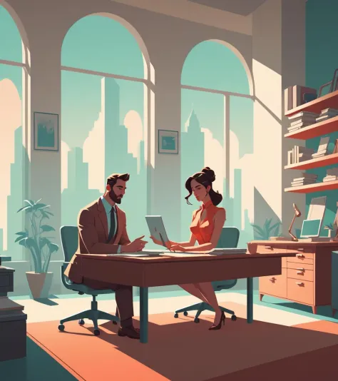 concept art <lora:FF-Style-James_Gilleard:1> a man and woman sitting at a desk, in style of atey ghailan, atey ghailan 8 k, deta...