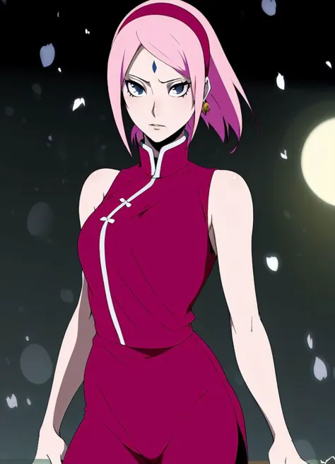 masterpiece,  <lora:Lexus-48:1>, Lexus, 1girl, cowboy shot, <lora:harunoSakuraNaruto_lykonV1:0.45>, haruno sakura, forehead mark, parted bangs, pink hair, boruto: naruto next generations, red hairband, red shirt, sleeveless shirt, jewelry