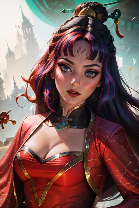 (masterpiece, best quality:1.2), intricate details, <lyco:GoodHands-beta2:1>, <lora:firecracker_diana_lol-000014:1>, firecracker diana, 1girl, dress, multicolored hair, hair ornament, cleavage, long hair