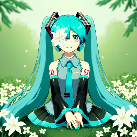 anime girl with blue hair sitting in a field of flowers