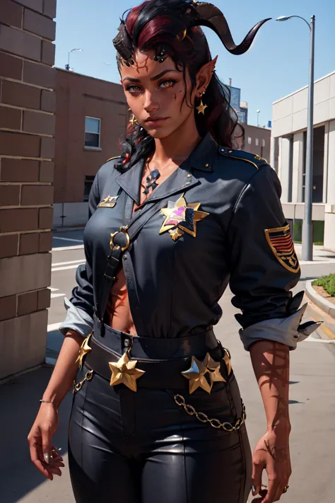 Highly detailed, High Quality, Masterpiece, beautiful, Karlach, demon girl, colored skin, slit pupils, scars, earrings, piercings <lora:Char_BG3_Karlach:0.9>, edgAndy_costume, wearing edgAndy_costume, red military uniform, ((star badge)), <lora:Outfit_OrangeStarRecruit:0.8>