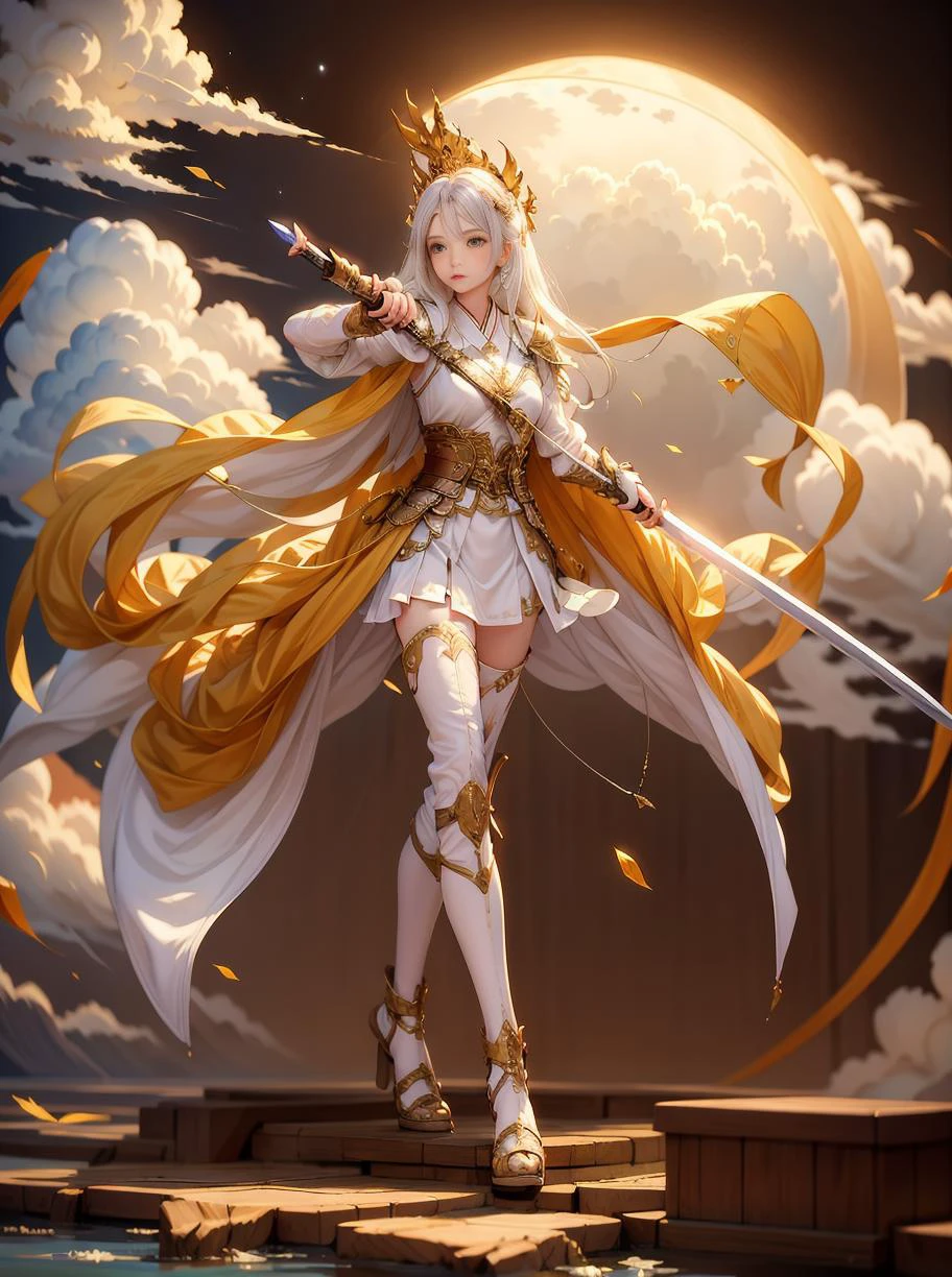 ((Obra maestra, mejor calidad)),una niña sosteniendo una espada, pelo flotante, pelo blanco, noche, luna, nube, ropa amarilla, General chino
