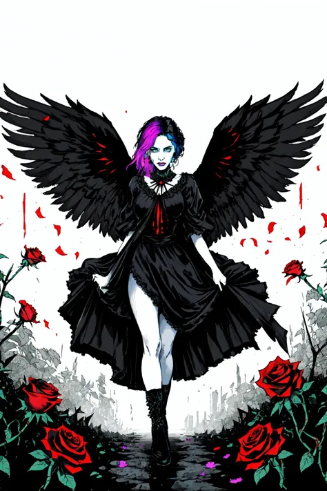 a drawing of a woman with black wings and a purple hair