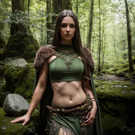 (photo, realistic), fantasy RPG, female, druid, (detailed skin texture), straight hair, druid outfit, crop-top, stone altar in the dense forest, high quality, film grain, depth of field,