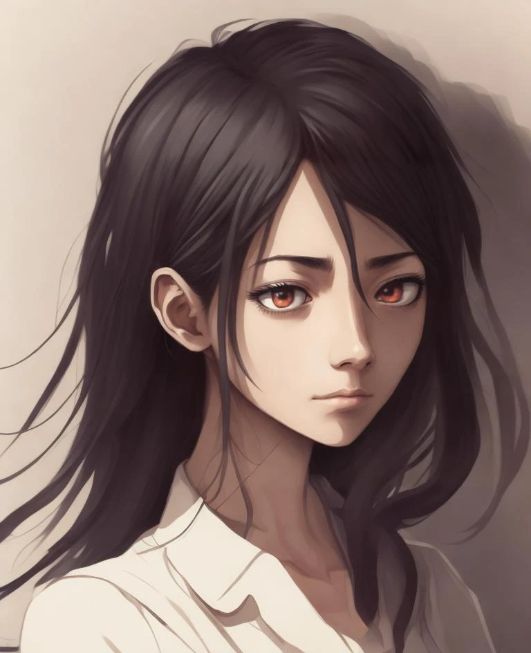 a woman with long black hair and a white shirt