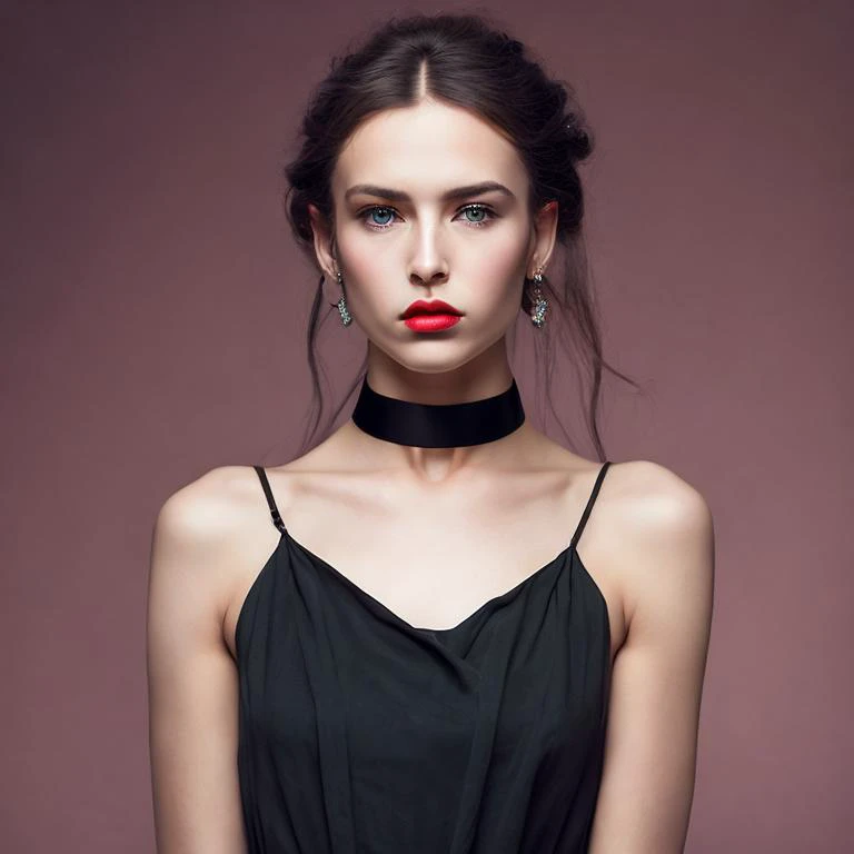 a woman with a choke neck and red lipstick posing for a picture