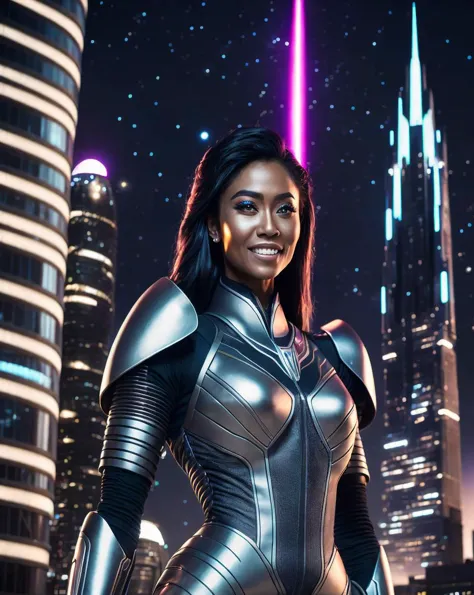 a close up of a woman in a futuristic suit in front of a city