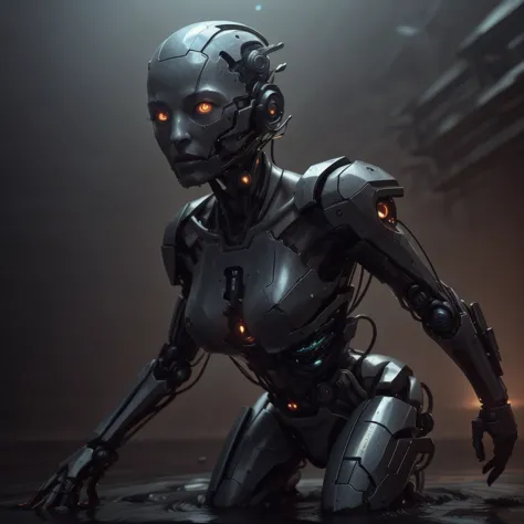 a robot with glowing eyes crouches in a dark room