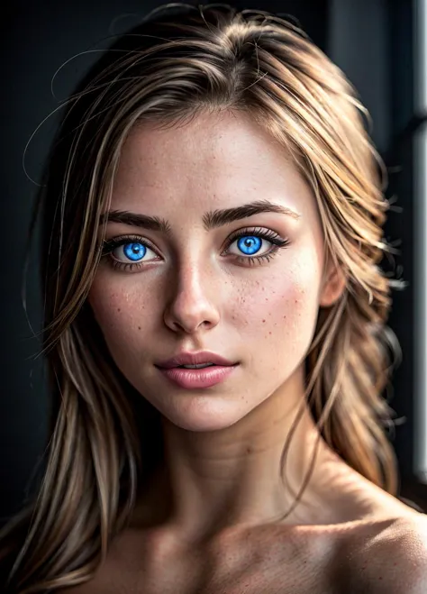 a close up of a woman with blue eyes looking at the camera